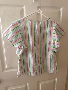 Multicolor Linen Cotton Blend Rainbow Stripe Ruffle Sleeve Keyhole Top
